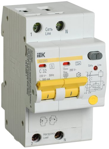 Выключатель автоматический дифференциальный АД12MS 2п 32А C 300мА тип A (3 мод) | код. MAD123-2-032-C-300 | IEK 
